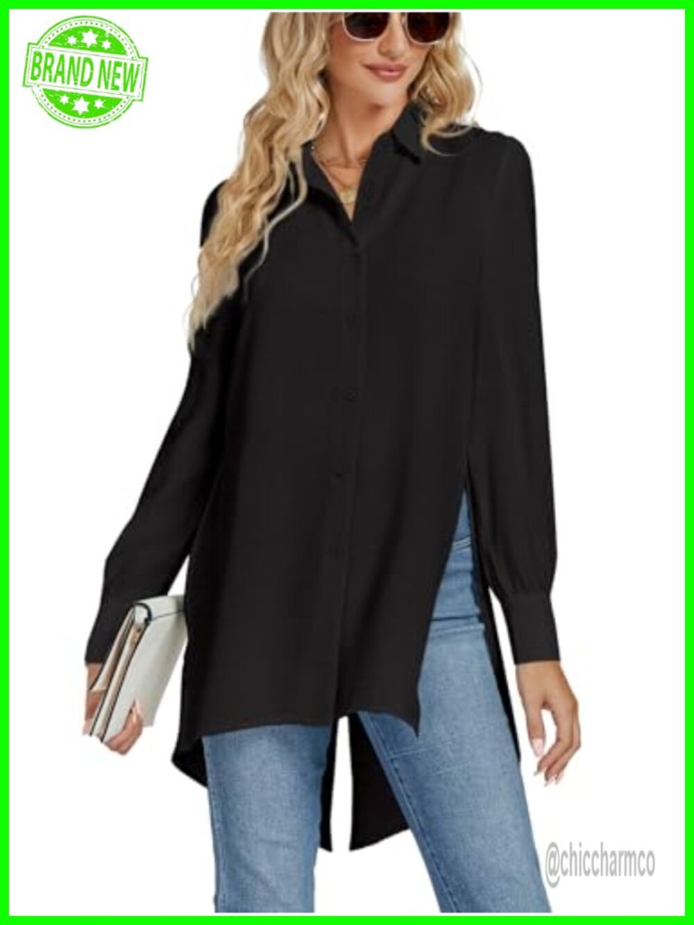 Women's Collar V Neck Button Down Long Sleeve Tunic Top with Split Slit Hem